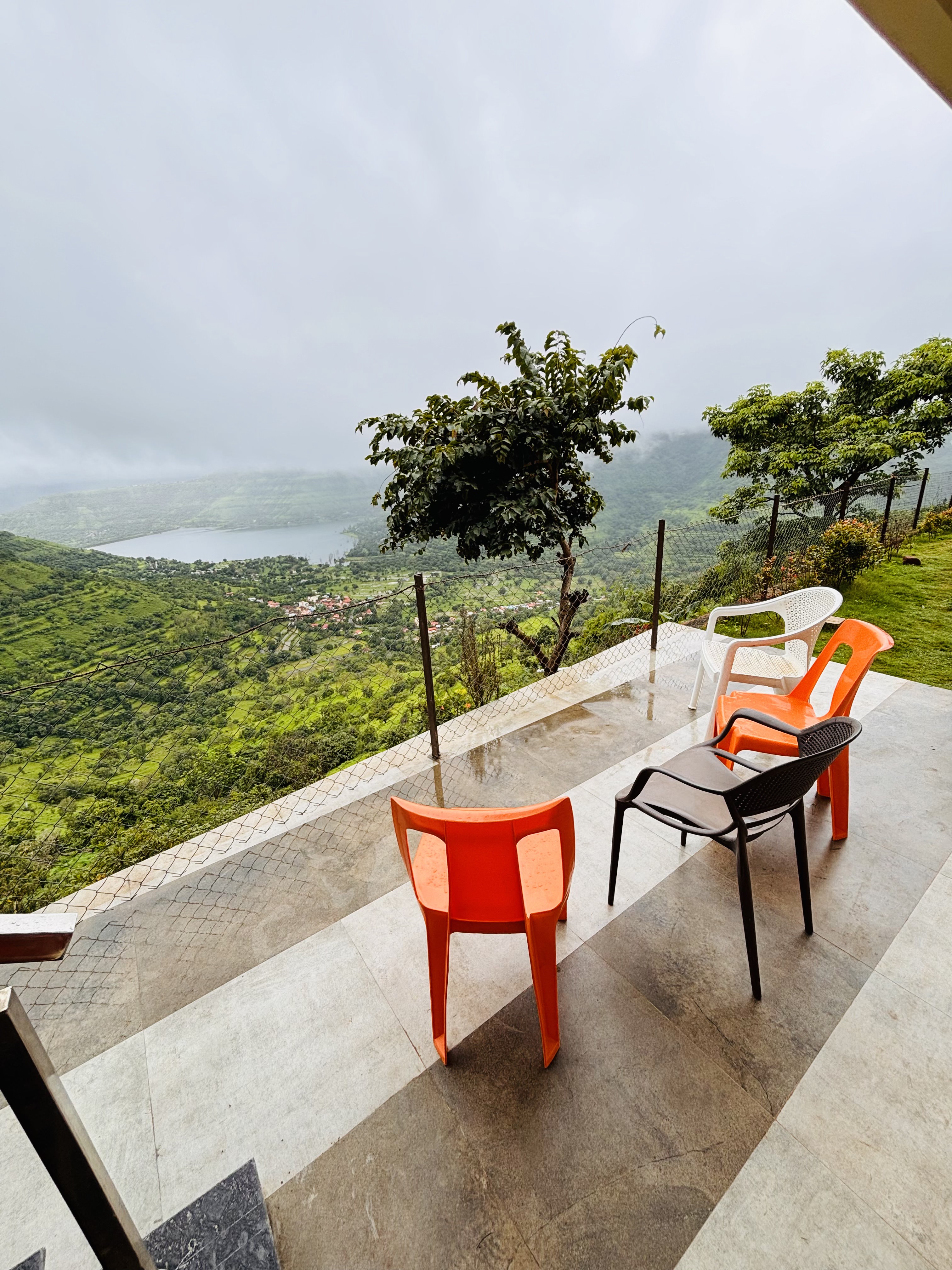 Open terrace with valley and Dhom Dam panorama at Panchgani homestay